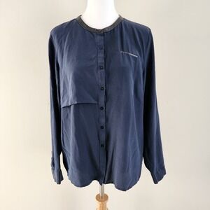 Walter Baker 100% Silk Blouse Womens Medium Navy Leather Trim Semi Sheer Elegant